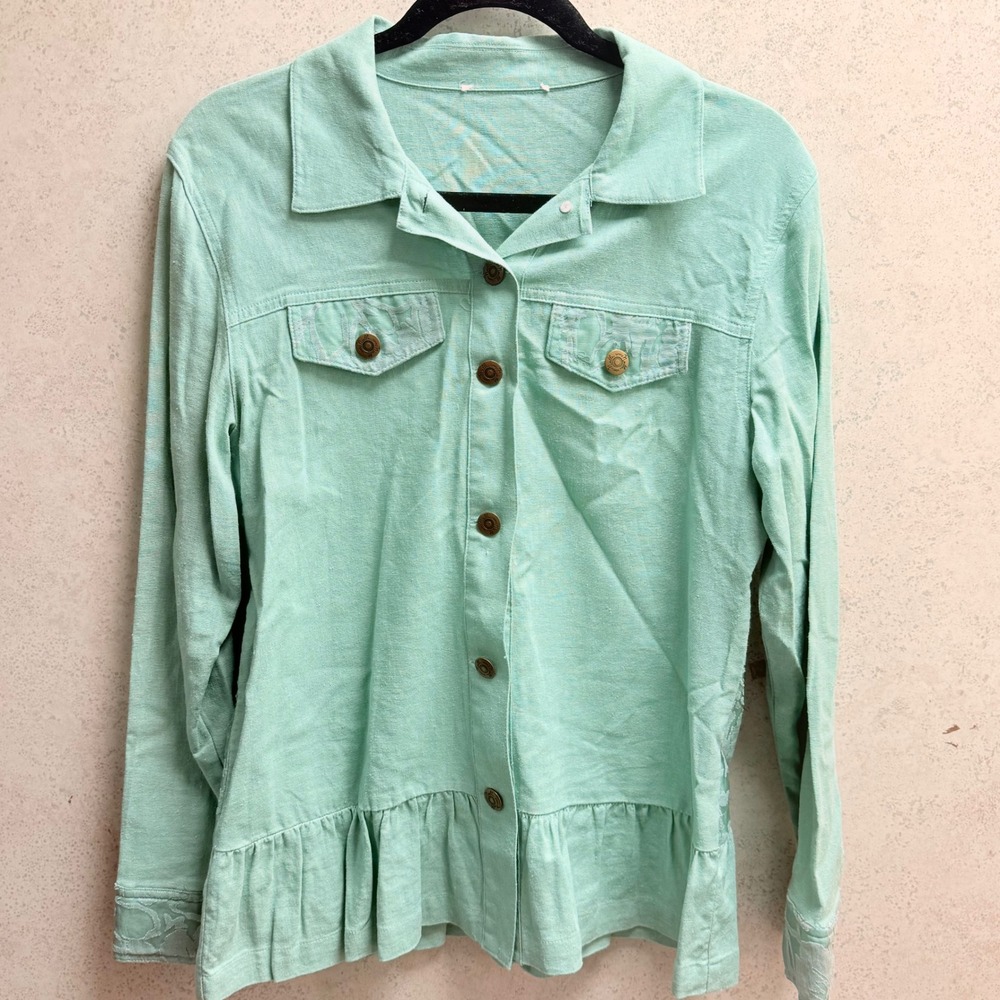 Simply Noelle Women Boho Mint Green Linen Viscose Blend Button Front Ruffle Top